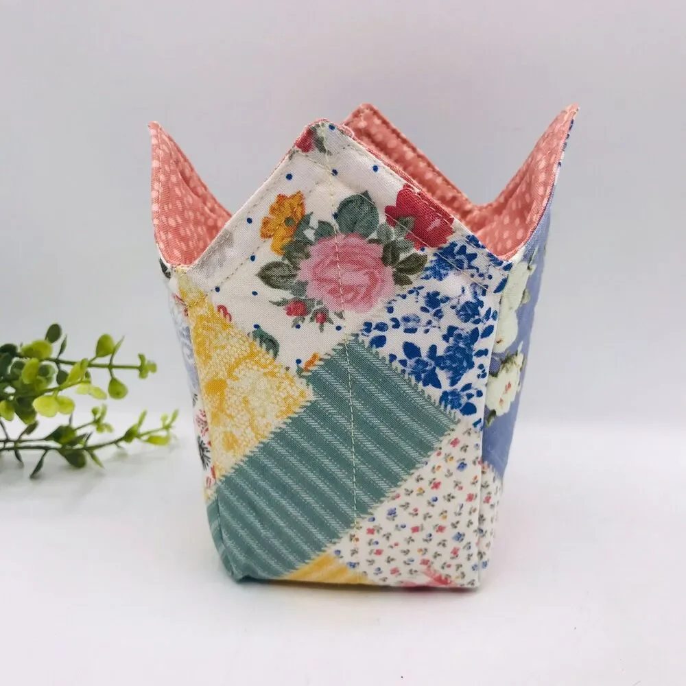 Microwave Pint Size Cozy, Reversible, Cottage Core Patchwork Rose Cream Blue